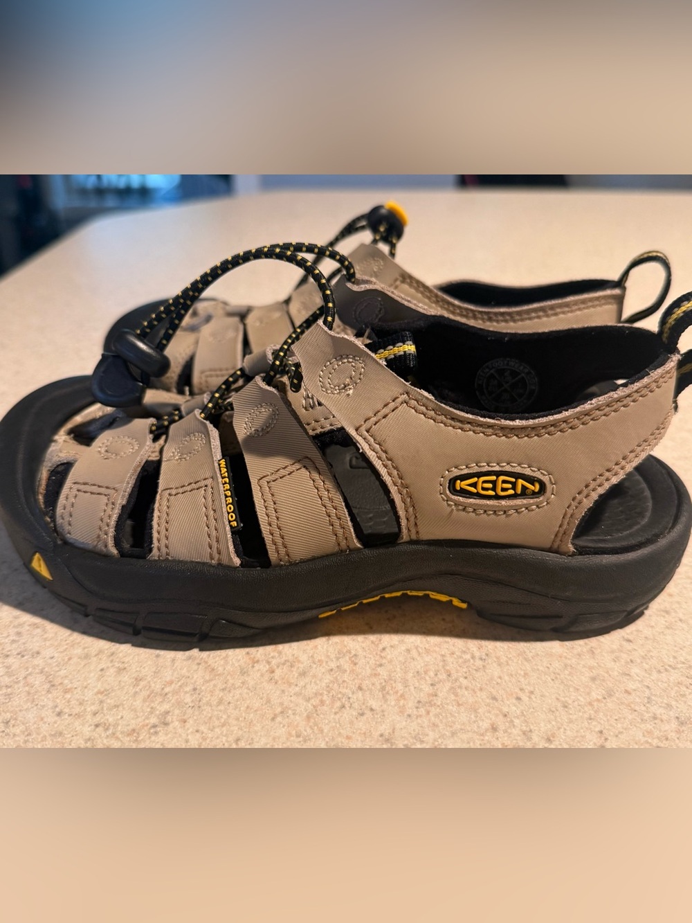Keen Kids Sandals in Tan with Black and Yellow Accents